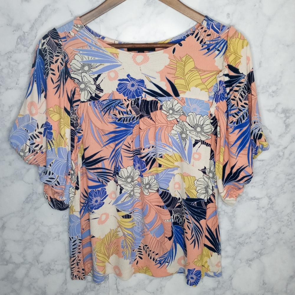 Sanctuary Top Women Size S Blue Pink Floral Balloon Sleeves Relaxed Feminine